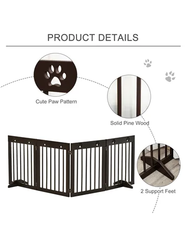 PawHut Freestanding Pet Gate 4 Panel Wooden Dog Barrier Folding Safety Fence with Support Feet up to 204cm Long 61cm Tall for Do