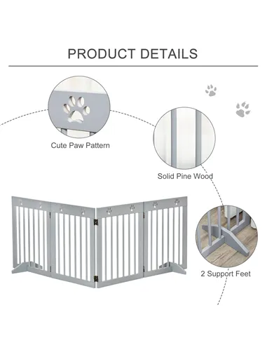 PawHut Freestanding Pet Gate 4 Panel Folding Wooden Dog Barrier w/ Support Feet