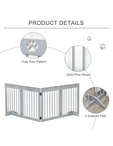 PawHut Freestanding Pet Gate 4 Panel Folding Wooden Dog Barrier w/ Support Feet
