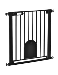 PawHut Dog Gate with Cat Flap Pet Safety Gate Barrier, Stair Pressure Fit, Auto Close, Double Locking, for Doorways, Hallways, 7