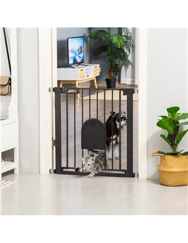 PawHut Dog Gate with Cat Flap Pet Safety Gate Barrier, Stair Pressure Fit, Auto Close, Double Locking, for Doorways, Hallways, 7