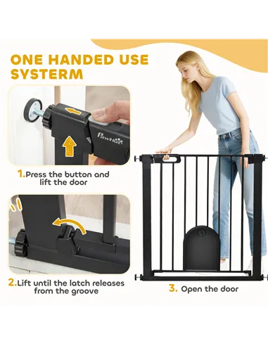 PawHut Dog Gate with Cat Flap Pet Safety Gate Barrier, Stair Pressure Fit, Auto Close, Double Locking, for Doorways, Hallways, 7
