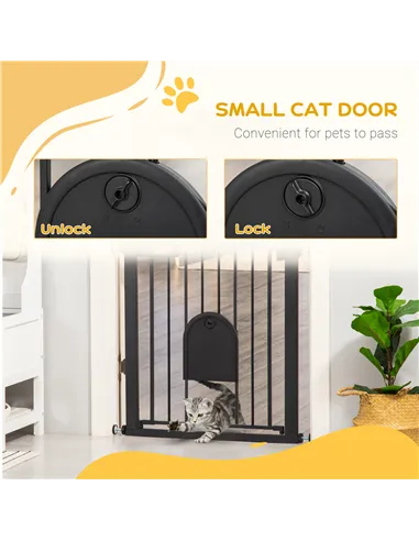 PawHut Dog Gate with Cat Flap Pet Safety Gate Barrier, Stair Pressure Fit, Auto Close, Double Locking, for Doorways, Hallways, 7