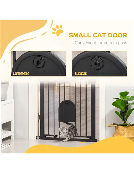 PawHut Dog Gate with Cat Flap Pet Safety Gate Barrier, Stair Pressure Fit, Auto Close, Double Locking, for Doorways, Hallways, 7