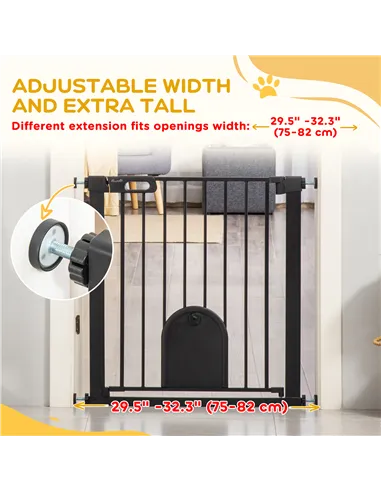 PawHut Dog Gate with Cat Flap Pet Safety Gate Barrier, Stair Pressure Fit, Auto Close, Double Locking, for Doorways, Hallways, 7