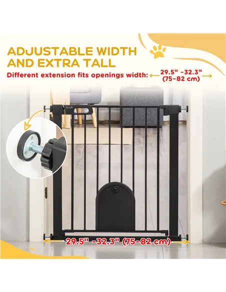 PawHut Dog Gate with Cat Flap Pet Safety Gate Barrier, Stair Pressure Fit, Auto Close, Double Locking, for Doorways, Hallways, 7