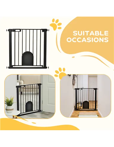 PawHut Dog Gate with Cat Flap Pet Safety Gate Barrier, Stair Pressure Fit, Auto Close, Double Locking, for Doorways, Hallways, 7