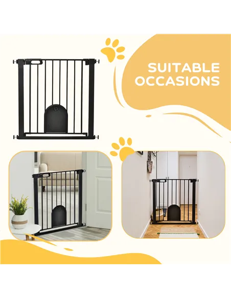 PawHut Dog Gate with Cat Flap Pet Safety Gate Barrier, Stair Pressure Fit, Auto Close, Double Locking, for Doorways, Hallways, 7