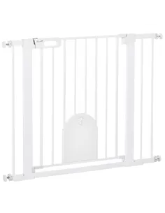 PawHut Dog Gate with Cat Flap Pet Safety Gate Barrier, Stair Pressure Fit, Auto Close, Double Locking, for Doorways, Hallways, 7