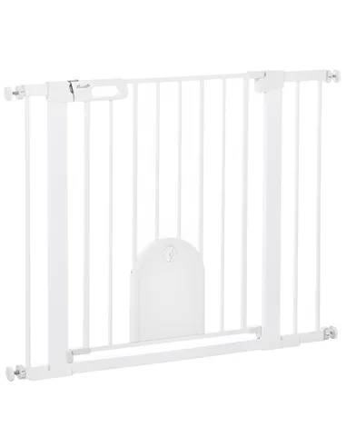 PawHut Dog Gate with Cat Flap Pet Safety Gate Barrier, Stair Pressure Fit, Auto Close, Double Locking, for Doorways, Hallways, 7