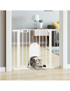 PawHut Dog Gate with Cat Flap Pet Safety Gate Barrier, Stair Pressure Fit, Auto Close, Double Locking, for Doorways, Hallways, 7 2