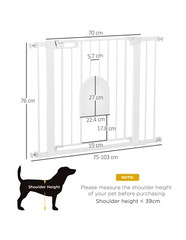 PawHut Dog Gate with Cat Flap Pet Safety Gate Barrier, Stair Pressure Fit, Auto Close, Double Locking, for Doorways, Hallways, 7