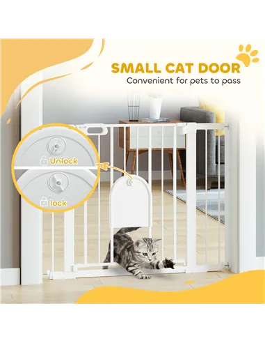 PawHut Dog Gate with Cat Flap Pet Safety Gate Barrier, Stair Pressure Fit, Auto Close, Double Locking, for Doorways, Hallways, 7