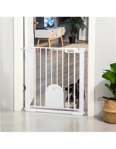 PawHut Dog Gate with Cat Flap Pet Safety Gate Barrier, Stair Pressure Fit, Auto Close, Double Locking, for Doorways, Hallways, 7