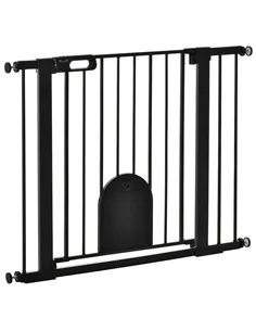 PawHut Dog Gate with Cat Flap Pet Safety Gate Barrier, Stair Pressure Fit, Auto Close, Double Locking, for Doorways, Hallways, 7