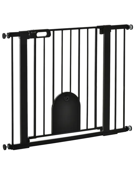 PawHut Dog Gate with Cat Flap Pet Safety Gate Barrier, Stair Pressure Fit, Auto Close, Double Locking, for Doorways, Hallways, 7