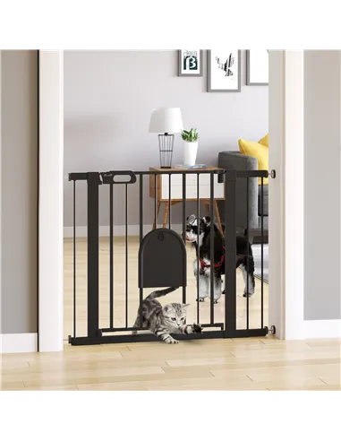 PawHut Dog Gate with Cat Flap Pet Safety Gate Barrier, Stair Pressure Fit, Auto Close, Double Locking, for Doorways, Hallways, 7