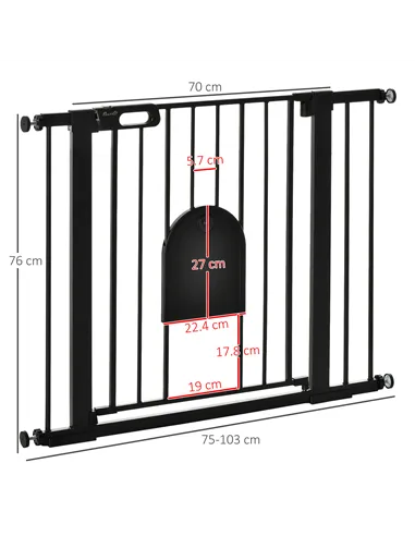 PawHut Dog Gate with Cat Flap Pet Safety Gate Barrier, Stair Pressure Fit, Auto Close, Double Locking, for Doorways, Hallways, 7