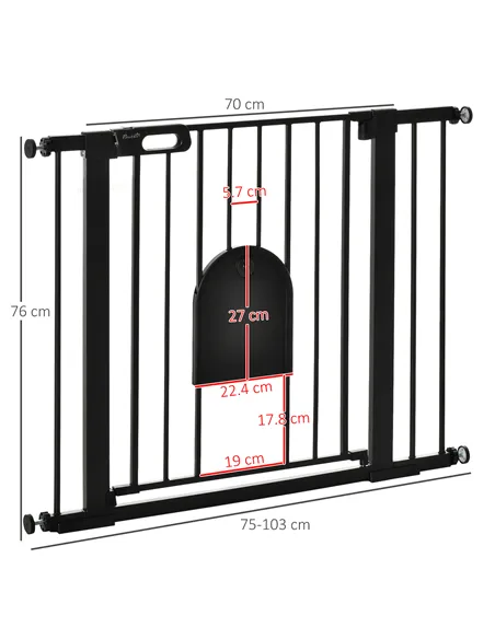 PawHut Dog Gate with Cat Flap Pet Safety Gate Barrier, Stair Pressure Fit, Auto Close, Double Locking, for Doorways, Hallways, 7