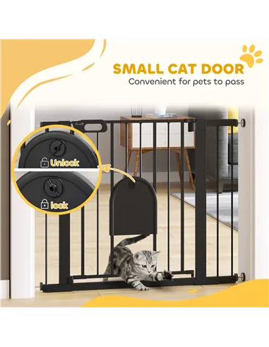 PawHut Dog Gate with Cat Flap Pet Safety Gate Barrier, Stair Pressure Fit, Auto Close, Double Locking, for Doorways, Hallways, 7