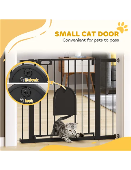 PawHut Dog Gate with Cat Flap Pet Safety Gate Barrier, Stair Pressure Fit, Auto Close, Double Locking, for Doorways, Hallways, 7