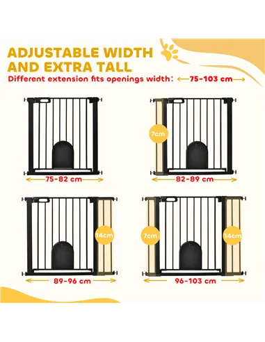 PawHut Dog Gate with Cat Flap Pet Safety Gate Barrier, Stair Pressure Fit, Auto Close, Double Locking, for Doorways, Hallways, 7