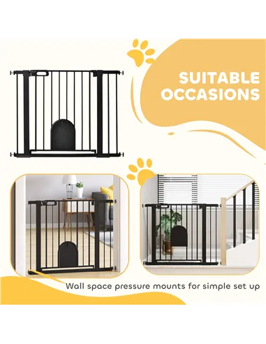 PawHut Dog Gate with Cat Flap Pet Safety Gate Barrier, Stair Pressure Fit, Auto Close, Double Locking, for Doorways, Hallways, 7