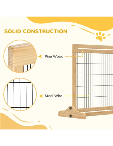 PawHut Freestanding Dog Gate, Foldable Pet Fence, Indoor Wood Barrier, Stair Gate with Support Feet, for Doorway, Hallway, Small