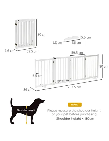 PawHut Wooden Dog Gate, Dog Fence Indoor, 80 cm Tall Freestanding Pet Gate for Small and Medium Dogs with 4 Panels, 2 Support Fe