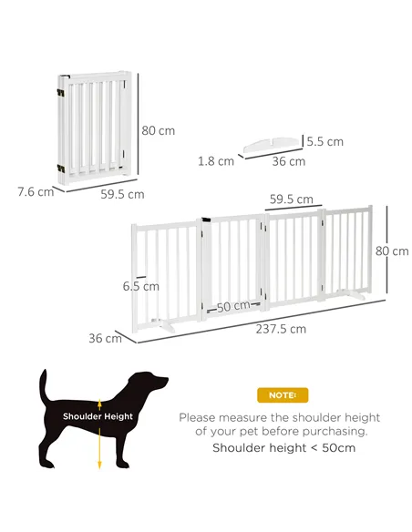 PawHut Wooden Dog Gate, Dog Fence Indoor, 80 cm Tall Freestanding Pet Gate for Small and Medium Dogs with 4 Panels, 2 Support Fe