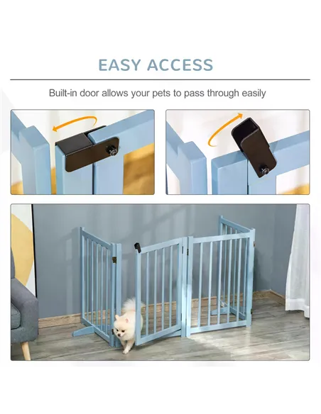 PawHut Pet Gate Wooden Foldable Dog Safety Barrier w/ 4 Panels for Small and Medium Dogs Blue