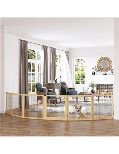 PawHut Wooden Pet Gate, Freestanding Dog Safety Barrier with Two Support Feet - Natural Tone