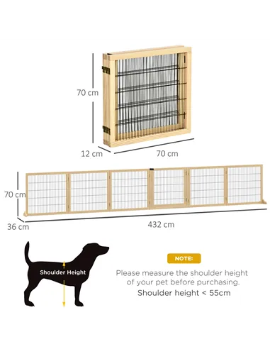 PawHut Wooden Pet Gate, Freestanding Dog Safety Barrier with Two Support Feet - Natural Tone