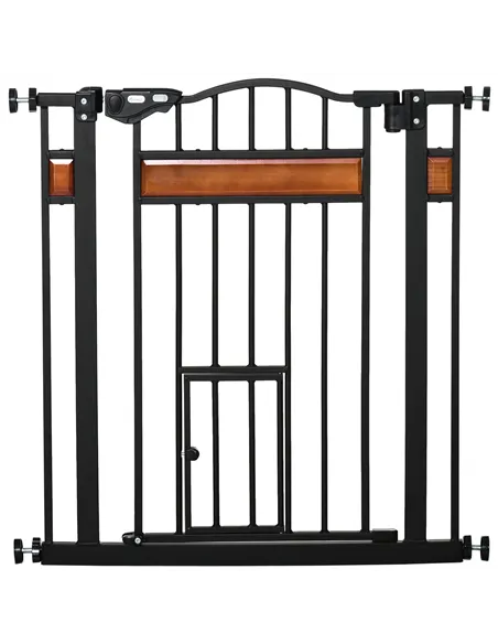 PawHut Pet Gate Safety Gate, with Cat Flap, Auto Close, for Staircases, Doorways, Hallways, 74-80cm Wide - Black