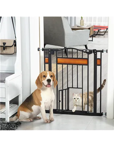 PawHut Pet Gate Safety Gate, with Cat Flap, Auto Close, for Staircases, Doorways, Hallways, 74-80cm Wide - Black