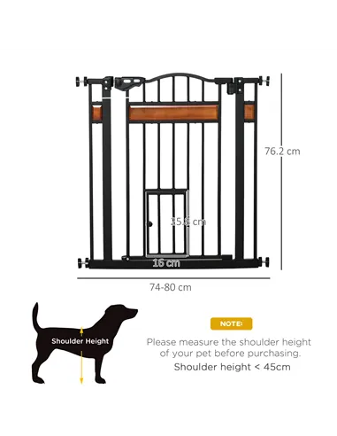 PawHut Pet Gate Safety Gate, with Cat Flap, Auto Close, for Staircases, Doorways, Hallways, 74-80cm Wide - Black