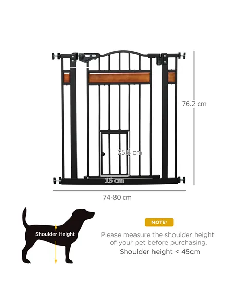PawHut Pet Gate Safety Gate, with Cat Flap, Auto Close, for Staircases, Doorways, Hallways, 74-80cm Wide - Black