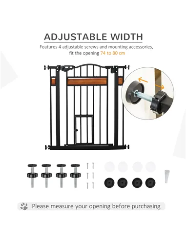 PawHut Pet Gate Safety Gate, with Cat Flap, Auto Close, for Staircases, Doorways, Hallways, 74-80cm Wide - Black