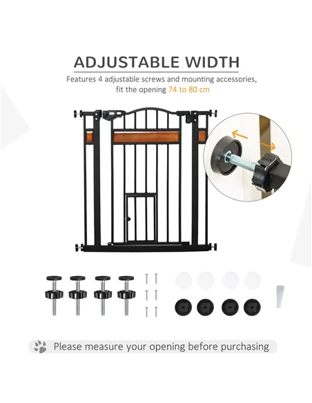 PawHut Pet Gate Safety Gate, with Cat Flap, Auto Close, for Staircases, Doorways, Hallways, 74-80cm Wide - Black