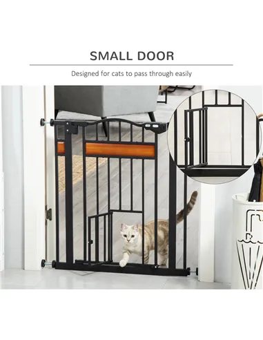 PawHut Pet Gate Safety Gate, with Cat Flap, Auto Close, for Staircases, Doorways, Hallways, 74-80cm Wide - Black