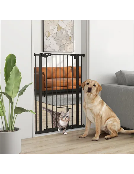PawHut Extra Tall Pet Gate, Indoor Dog Safety Gate, with Cat Flap, Auto Close, 74-80cm Wide - Black