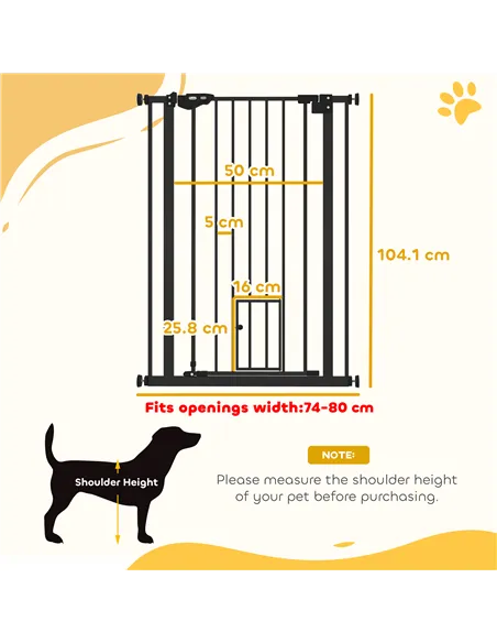 PawHut Extra Tall Pet Gate, Indoor Dog Safety Gate, with Cat Flap, Auto Close, 74-80cm Wide - Black