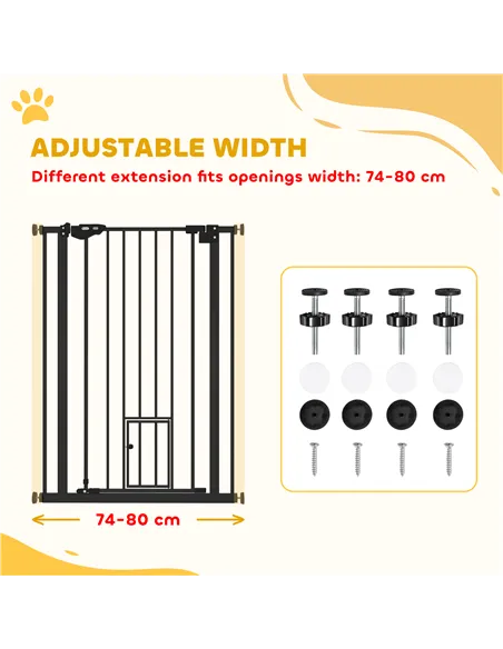 PawHut Extra Tall Pet Gate, Indoor Dog Safety Gate, with Cat Flap, Auto Close, 74-80cm Wide - Black