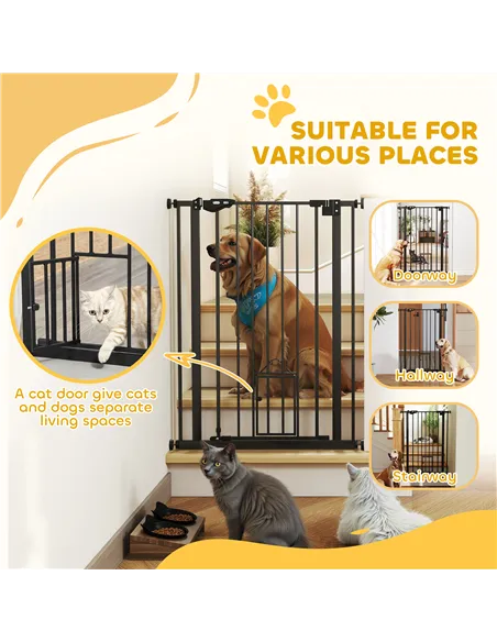 PawHut Extra Tall Pet Gate, Indoor Dog Safety Gate, with Cat Flap, Auto Close, 74-80cm Wide - Black