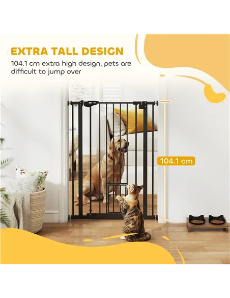 PawHut Extra Tall Pet Gate, Indoor Dog Safety Gate, with Cat Flap, Auto Close, 74-80cm Wide - Black