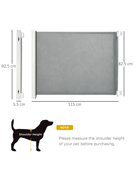 PawHut Retractable Stair Gate for Dogs, Pet Mesh Safety Gate Extends up to 115cm for Doorways Indoor- Grey