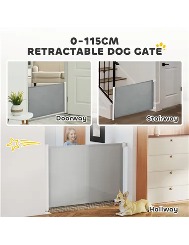 PawHut Retractable Stair Gate for Dogs, Pet Mesh Safety Gate Extends up to 115cm for Doorways Indoor- Grey