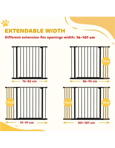 PawHut Dog Gate Pet Safety Gate Stair Barrier Pressure Fit Adjustable 76-82/86-97/101-107 cm, Black