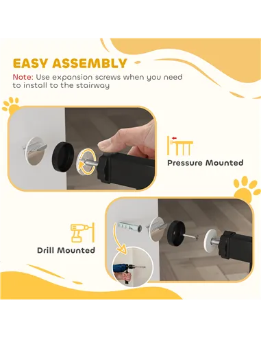 PawHut Dog Gate Pet Safety Gate Stair Barrier Pressure Fit Adjustable 76-82/86-97/101-107 cm, Black