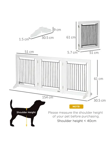PawHut Foldable Pet Gate, with Three Panels & Two Support Feet - White